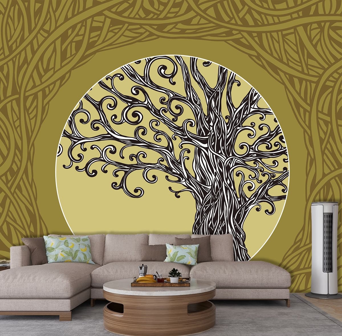 A tree in a circle shown in a room