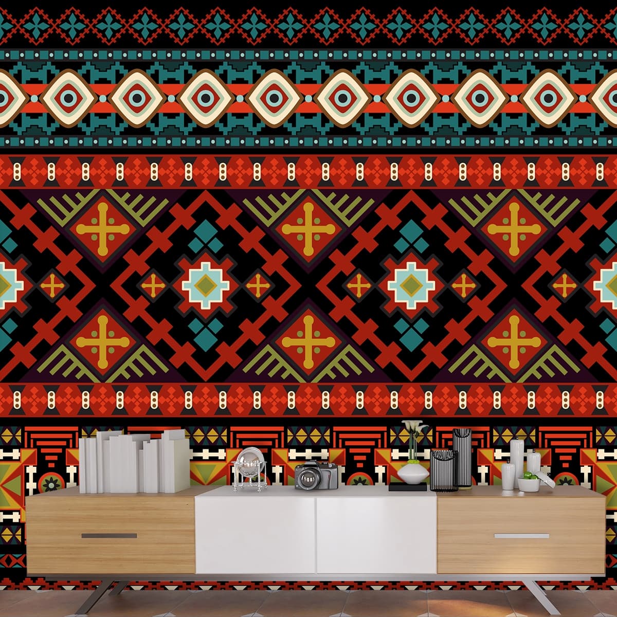 Modern Abstract Pattern on Black Background wallpaper shown in a room