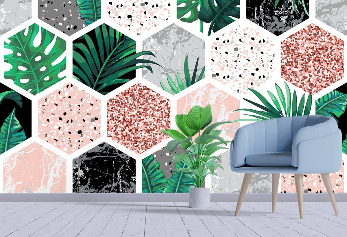 Hexagonal Tropical Tiles Pattern Wallpaper shown in a room