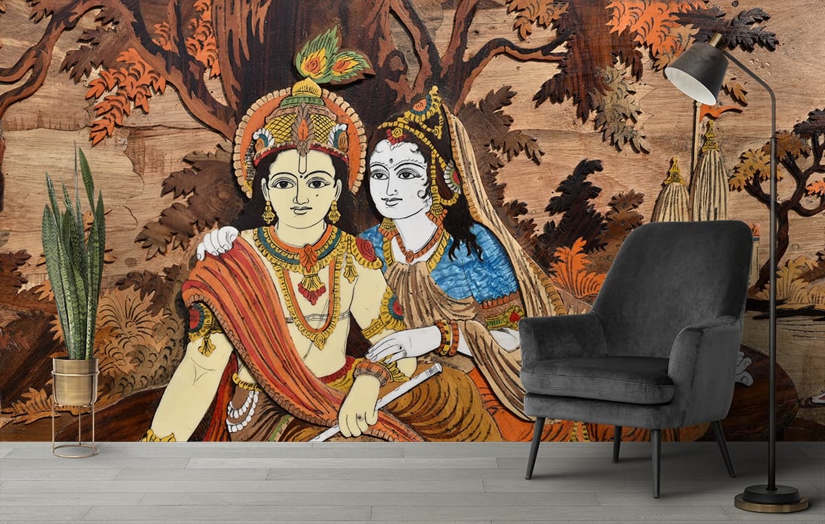 Radha Krishna Art Wallpaper shown in a room