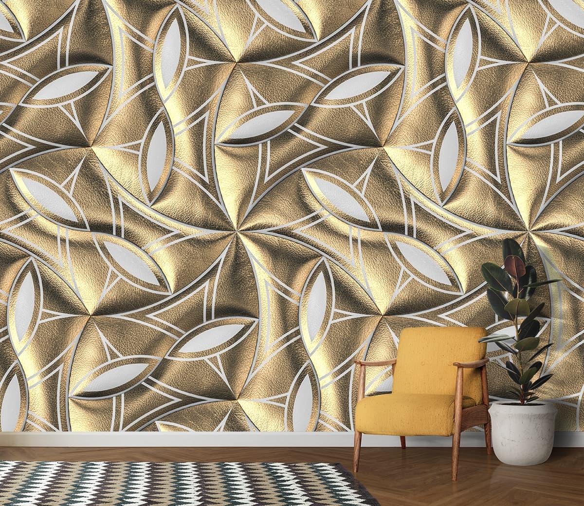 A gold and white patterned surface shown in a room