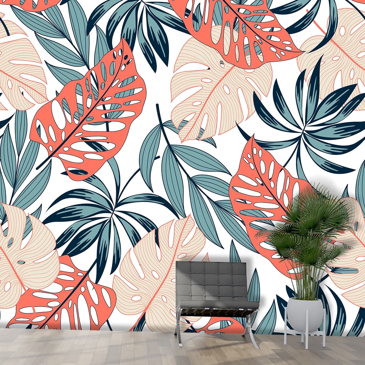 Minimal Leaf Pattern White Aesthetic Wallpaper shown in a room