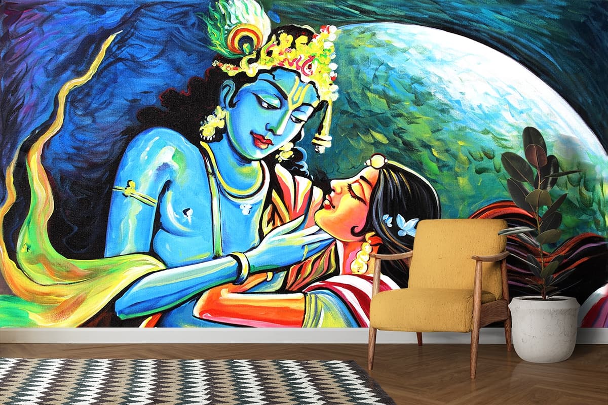 Radhe Krishna Acrylic Oil Painting Wallpaper shown in a room