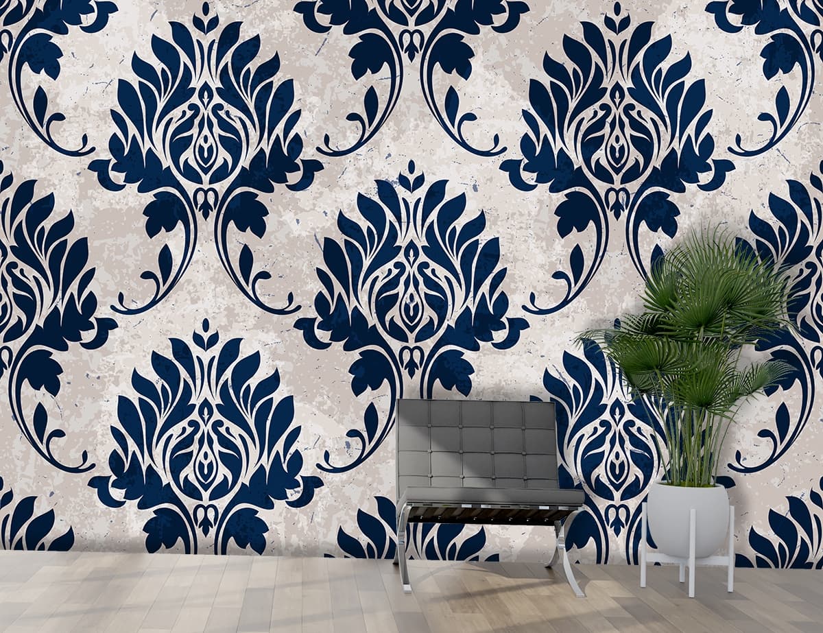 A Wallpaper of Floral Pattern in Blue and White shown in a room