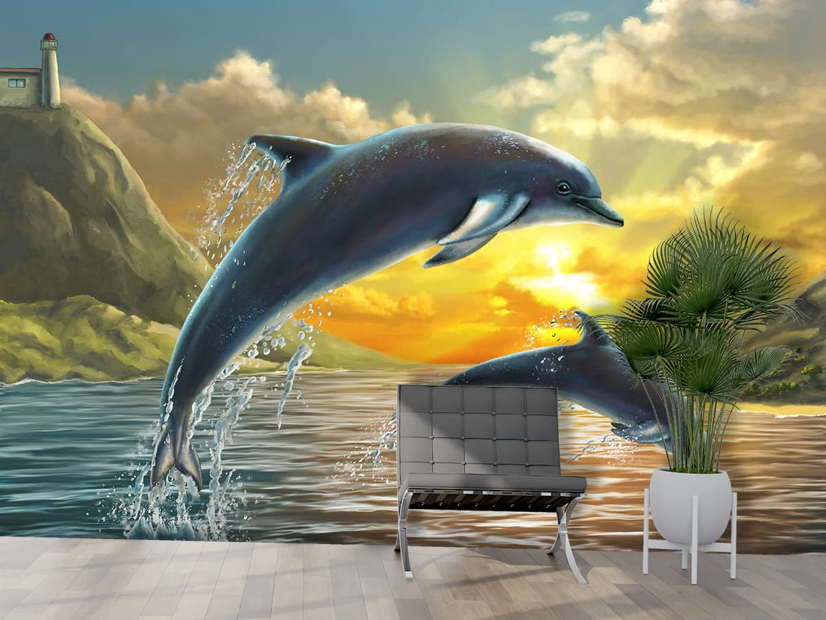 Dolphins Jumping Out of Water Wall Mural Wallpaper shown in a room