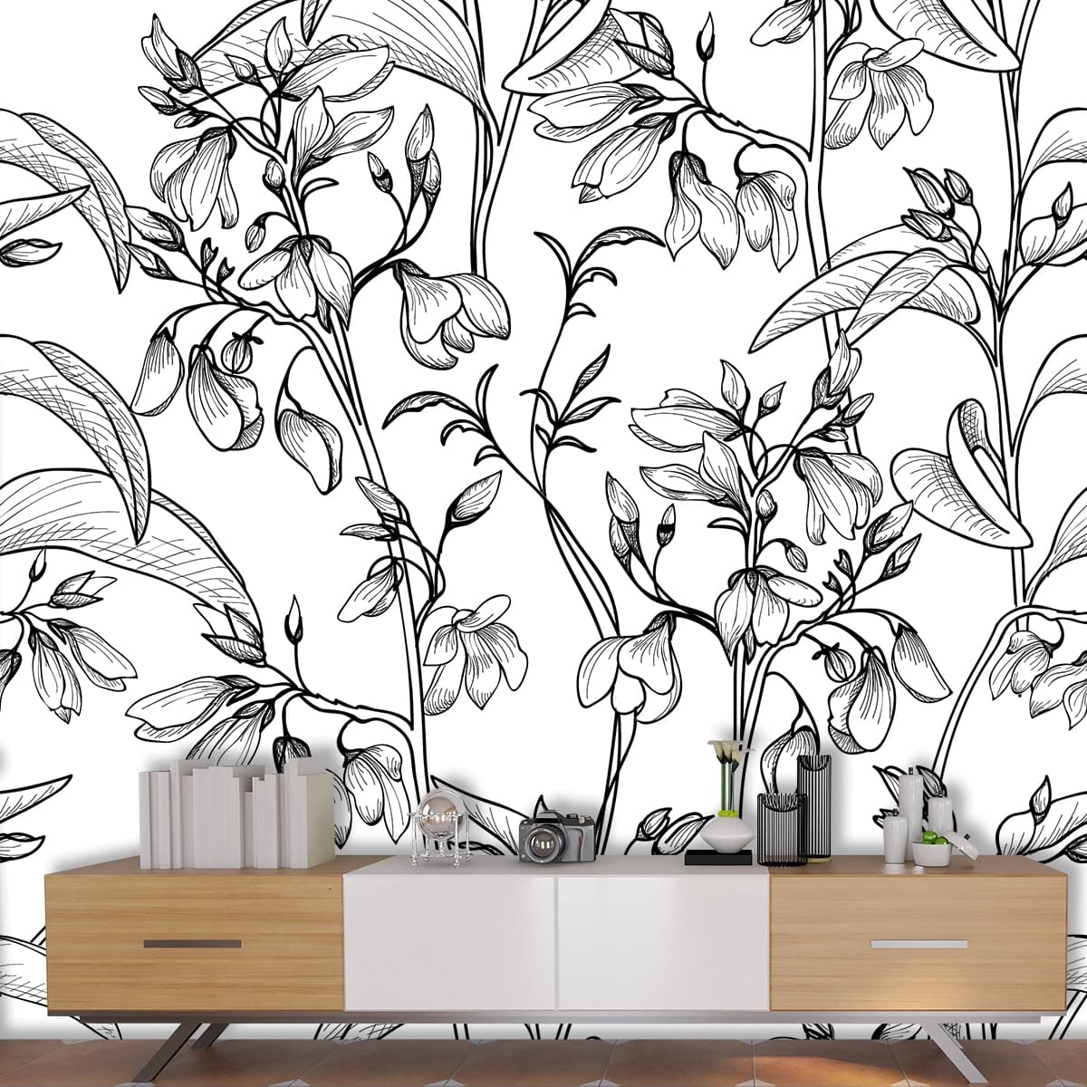 Black and White Floral Artistic Sketch Wallpaper shown in a room