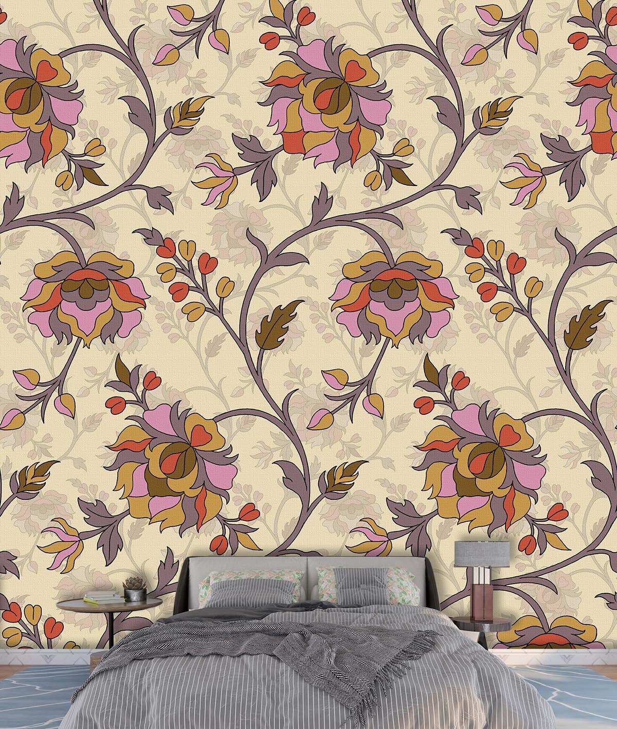 A Fabric Texture Wallpaper of Spring Flowers shown in a room