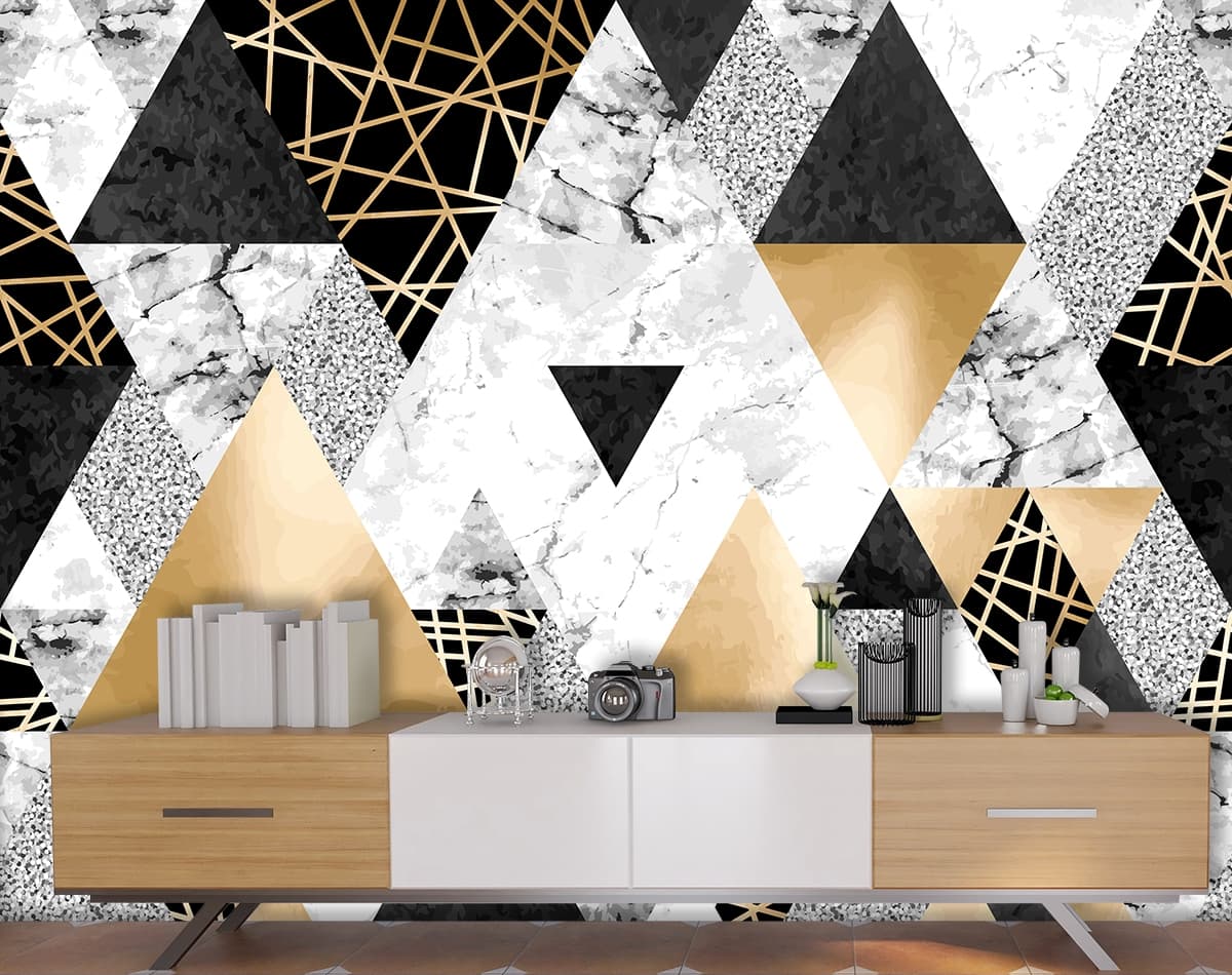 Pattern of Triangles Marble Wallpaper Mural shown in a room