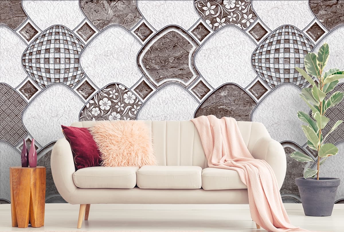An Abstract Wallpaper Pattern in a Tile Shape shown in a room
