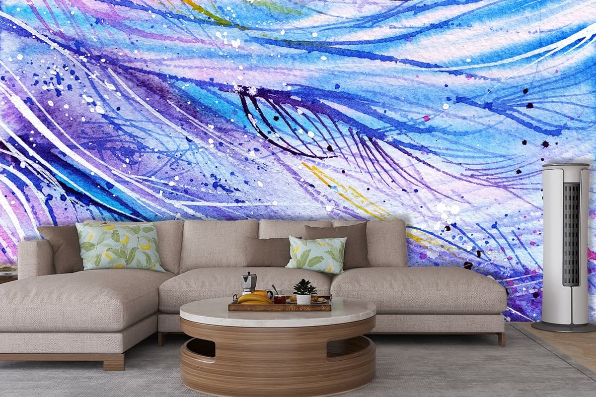 Watercolor Feathers Painting Wallpaper shown in a room
