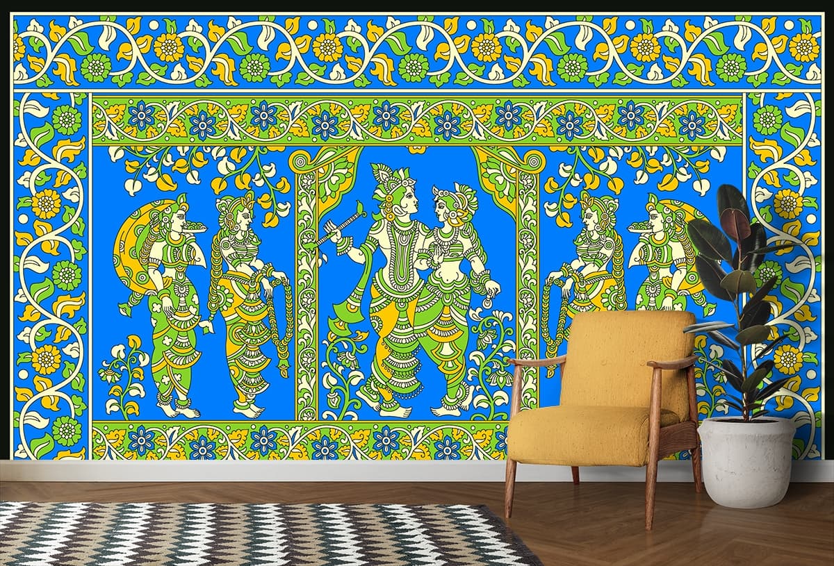 Radhe Krishna Floral Art Design Wallpaper shown in a room