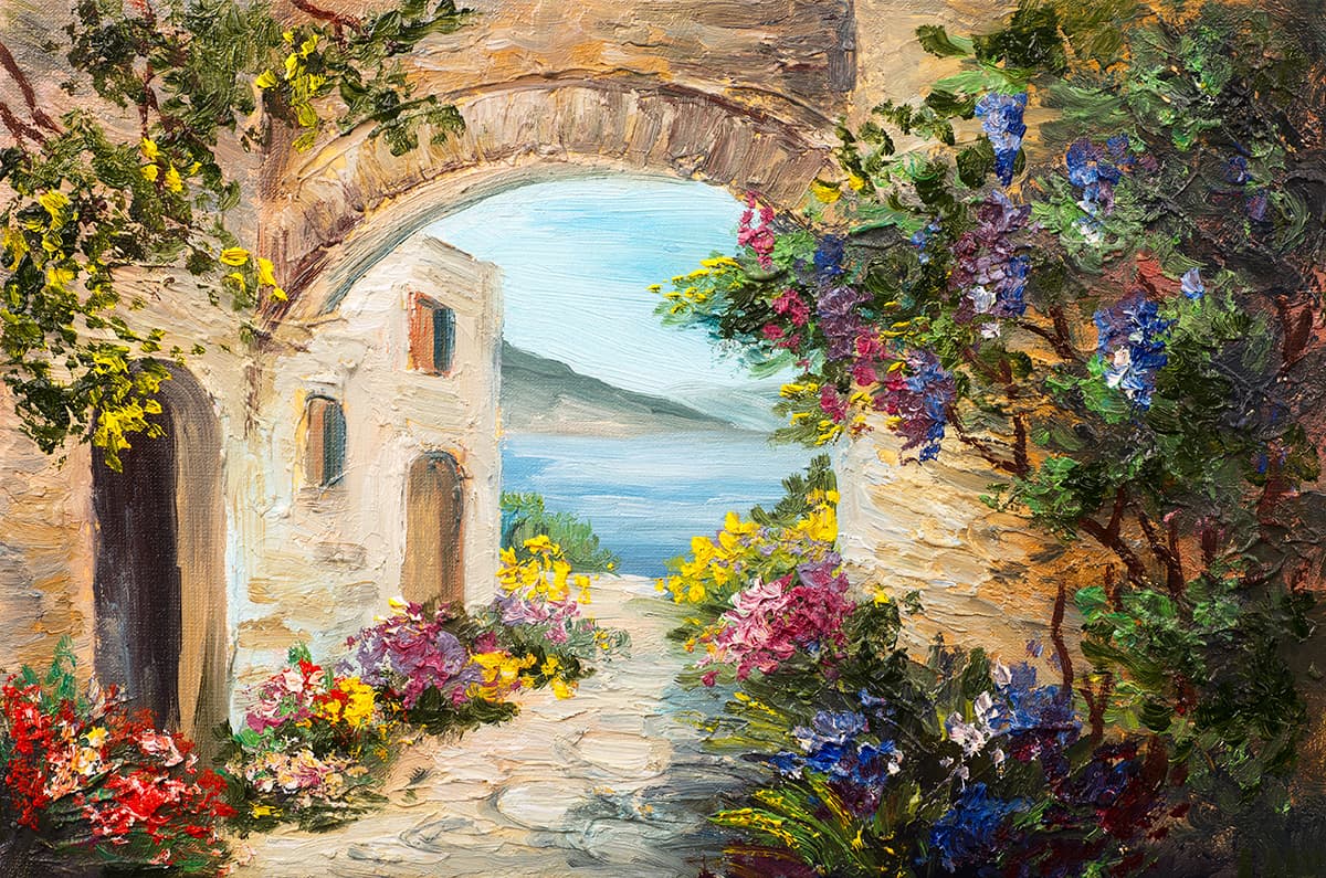 Stone Archway with Flowers Painting Garden wallpaper pattern detail