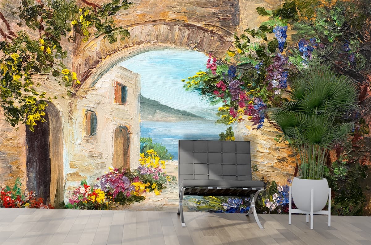 Stone Archway with Flowers Painting Garden wallpaper shown in a room
