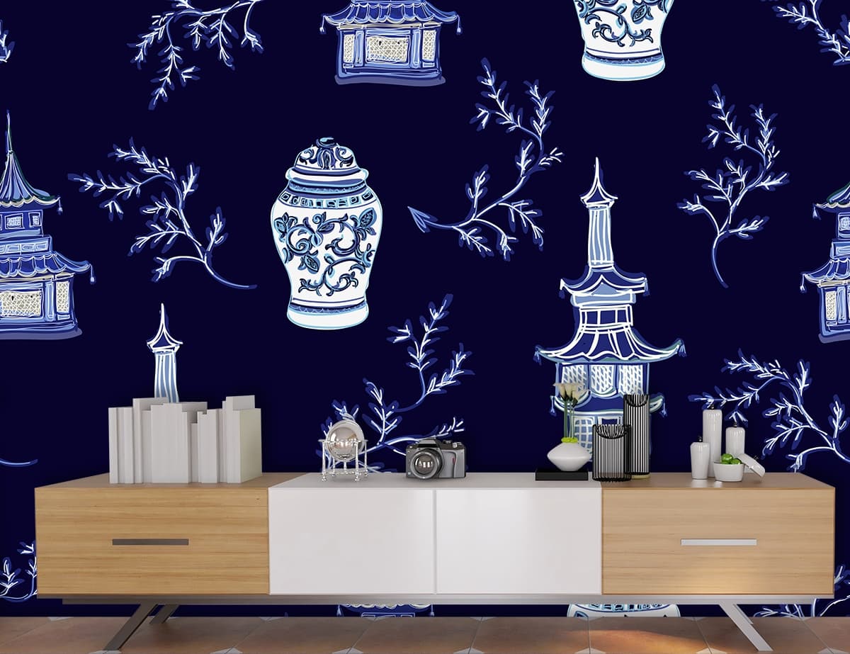 A Pattern of Blue and White China Classic Porcelain Style Wallpaper shown in a room