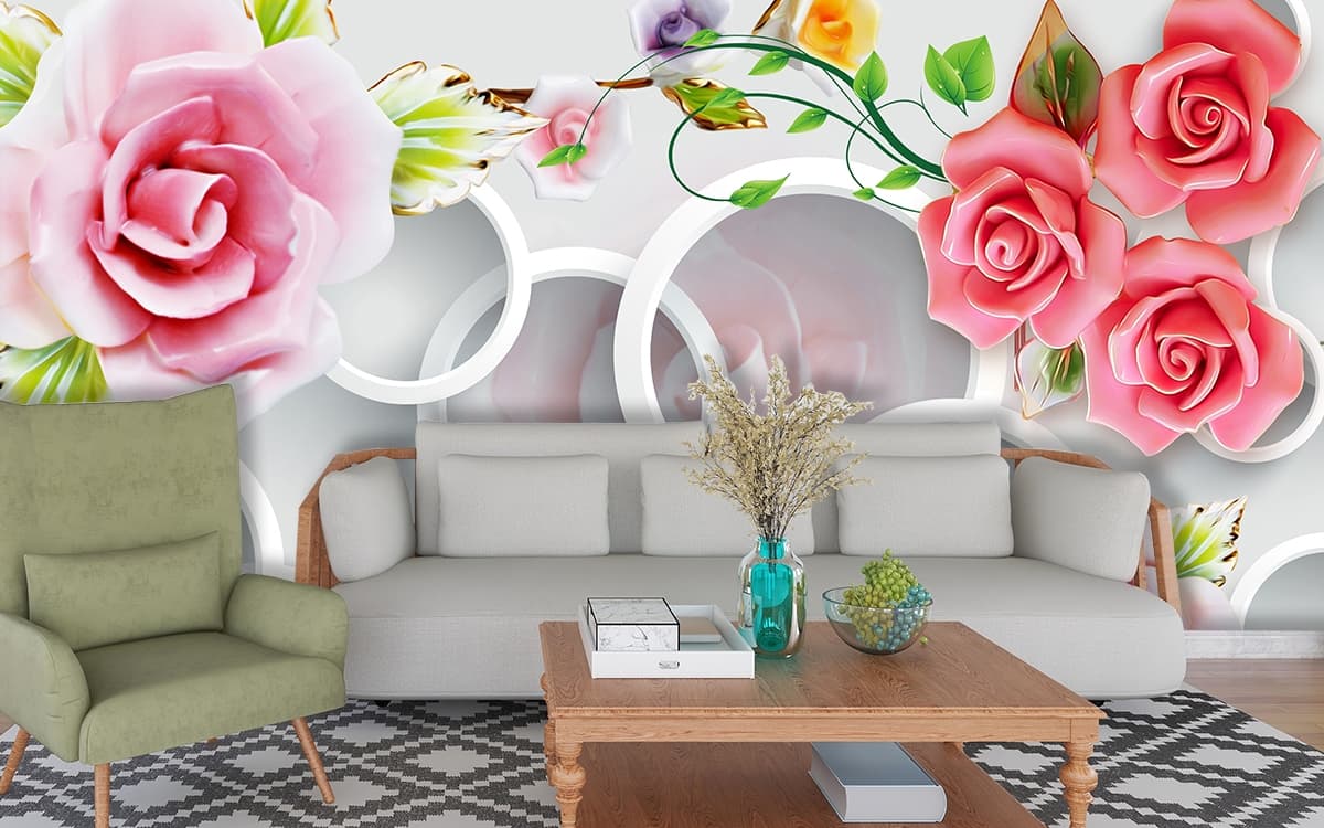 A wallpaper with flowers and rings shown in a room