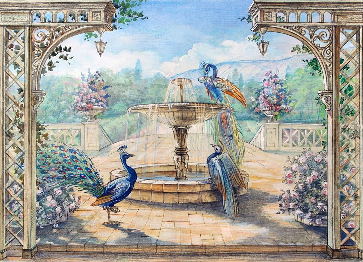 Royal Peacock with Fountain and Flowers Decorative Wallpaper pattern detail