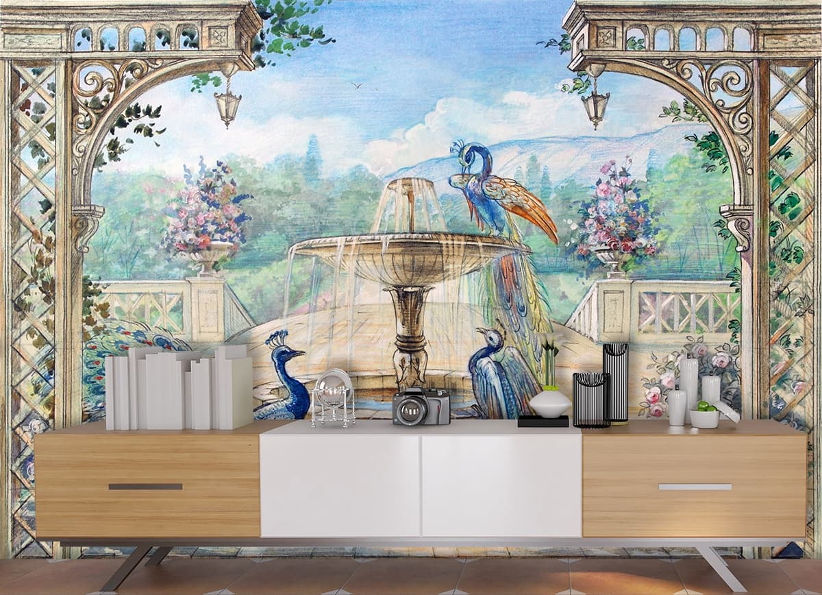 Royal Peacock with Fountain and Flowers Decorative Wallpaper shown in a room