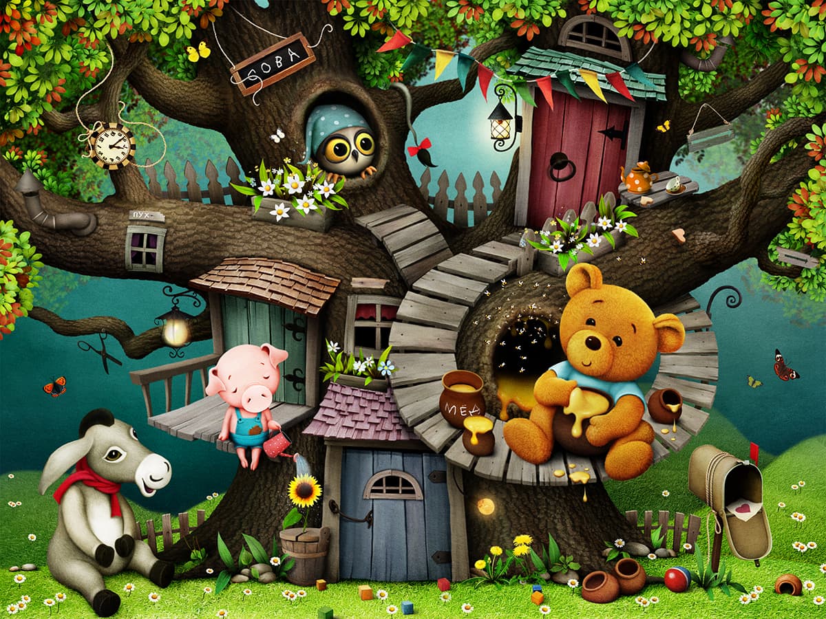 Cartoon Tree House with Cute Animals Kids Wallpaper pattern detail