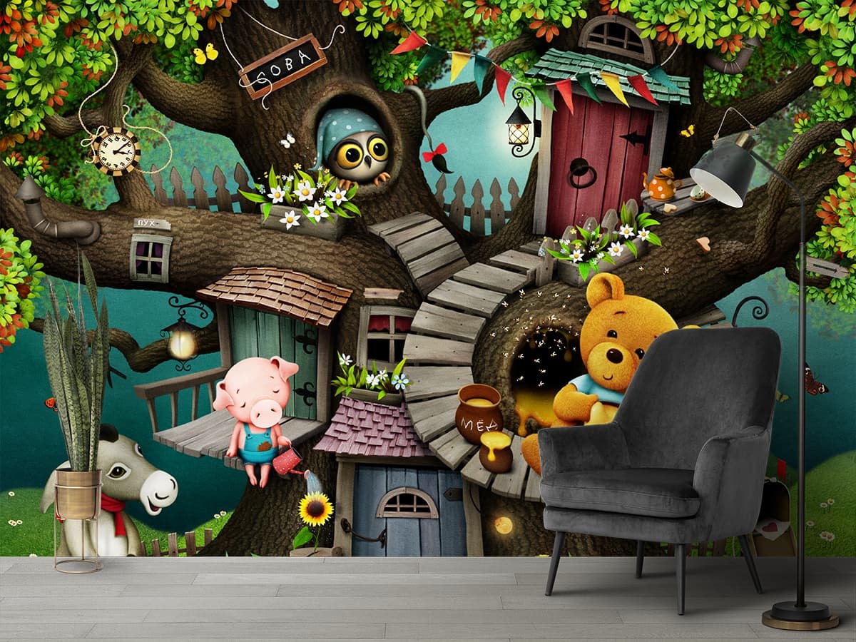 Cartoon Tree House with Cute Animals Kids Wallpaper shown in a room