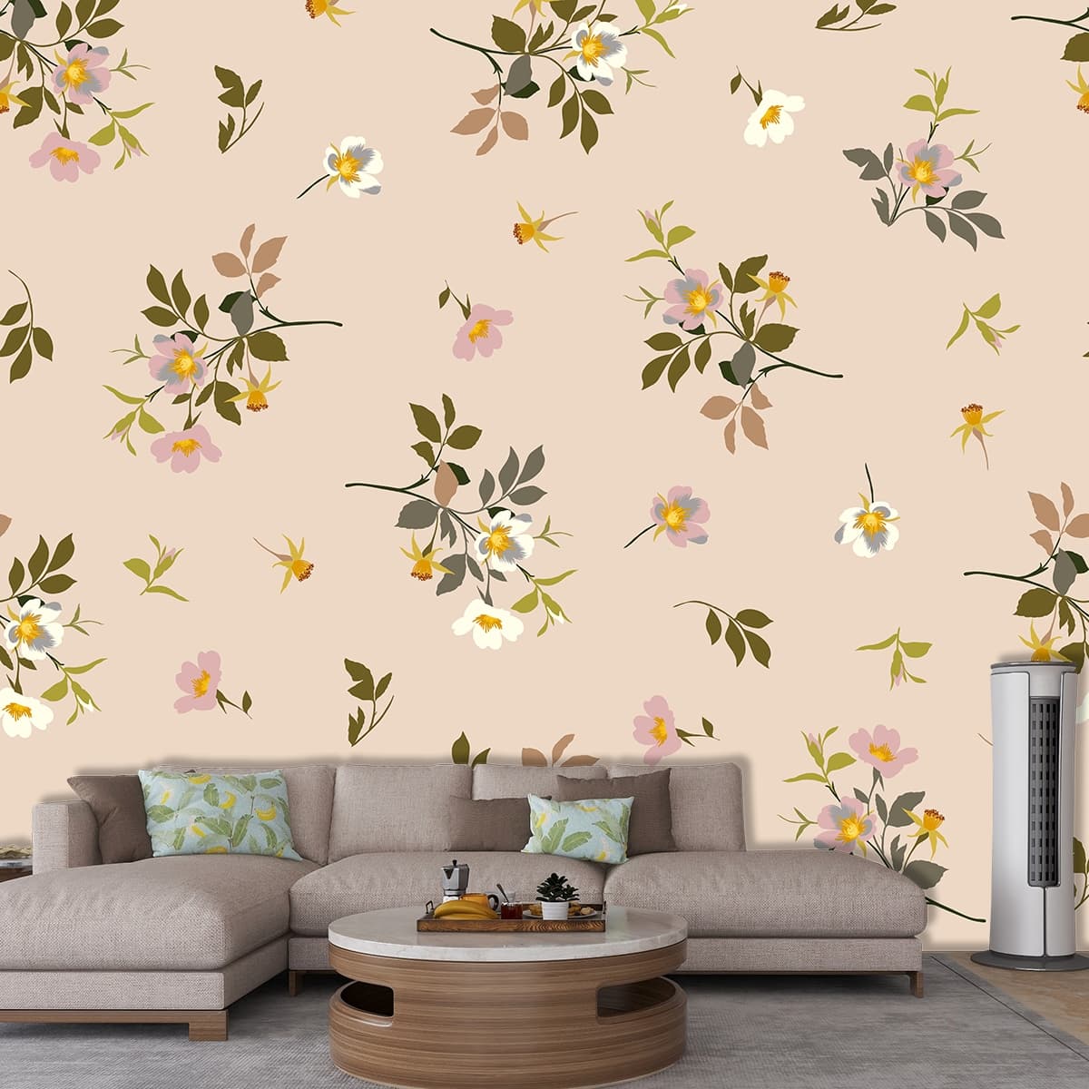 Floral and Leaf Pattern Botanical Wall Mural Wallpaper shown in a room