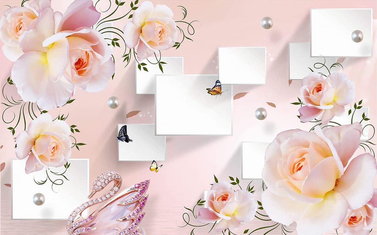 Wall Wallpaper with Roses and Butterflies pattern detail