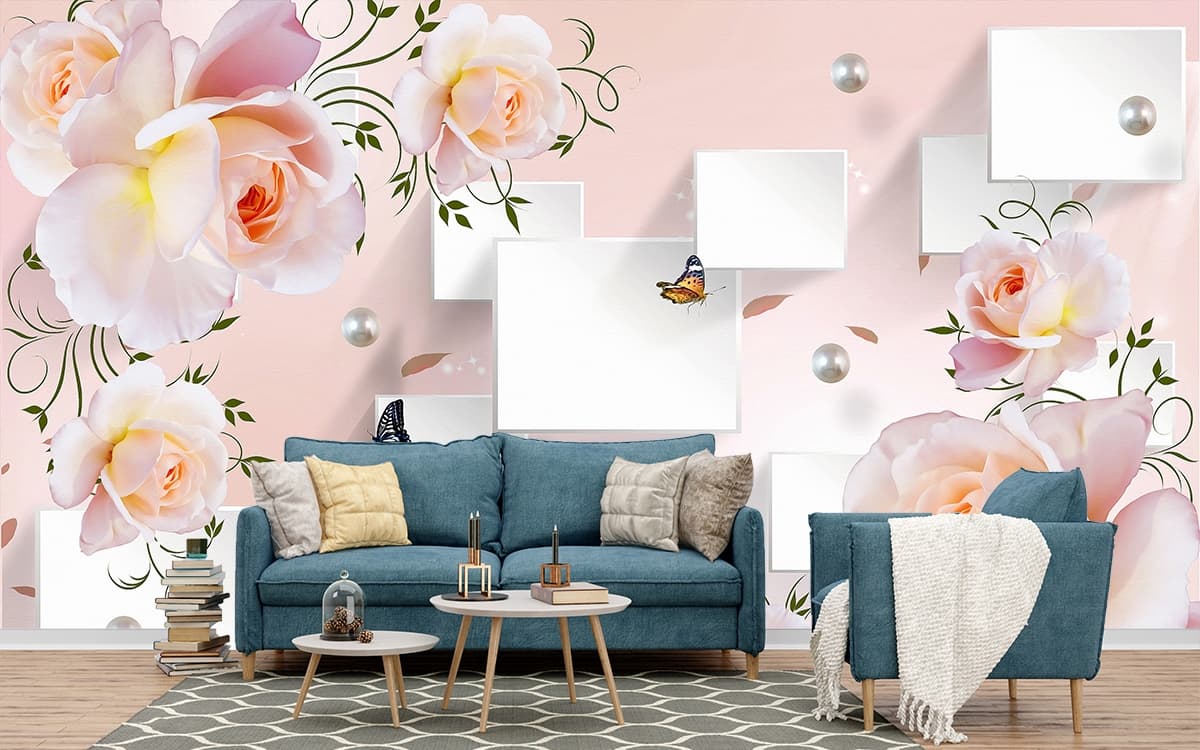Wall Wallpaper with Roses and Butterflies shown in a room