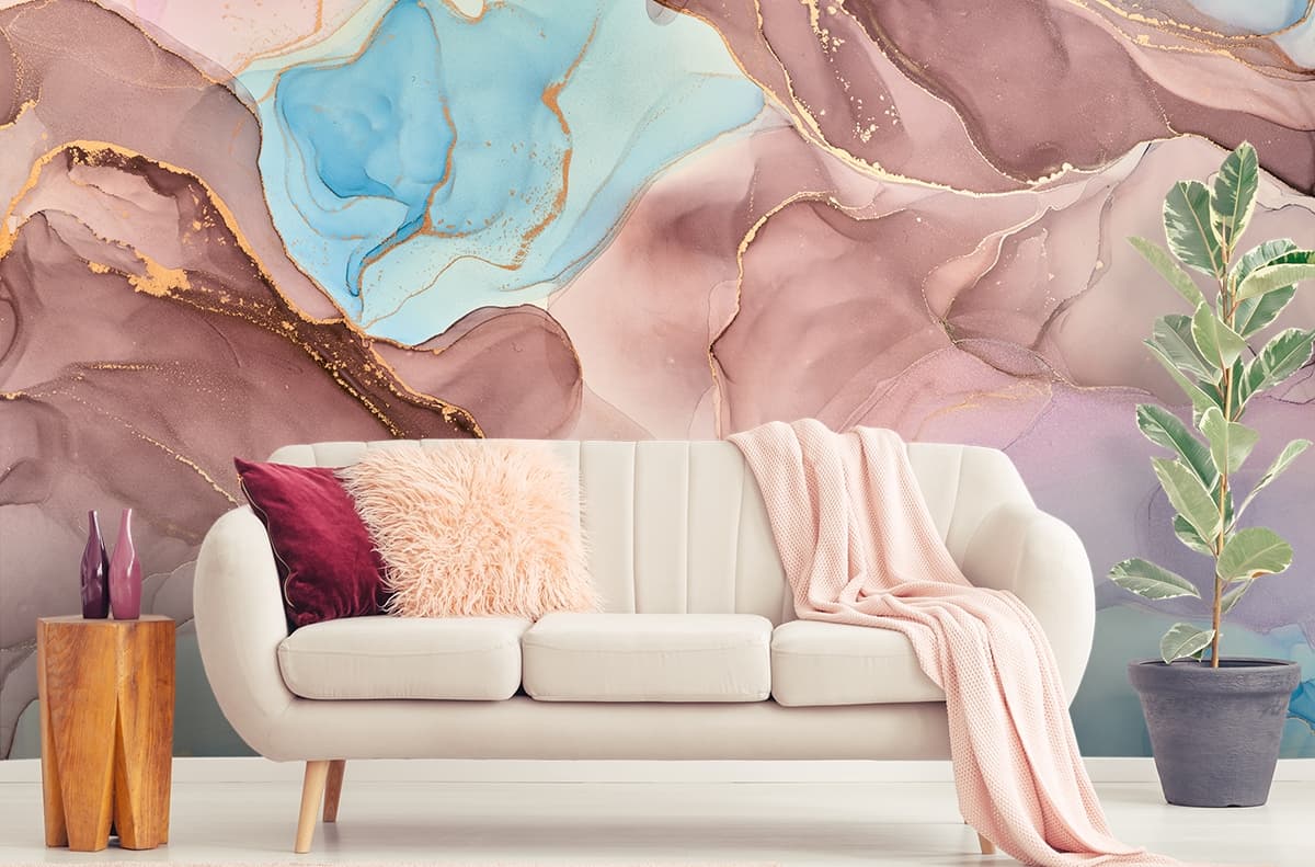 Blue and Pink Marble Wallpaper, Marble Wall Mural shown in a room