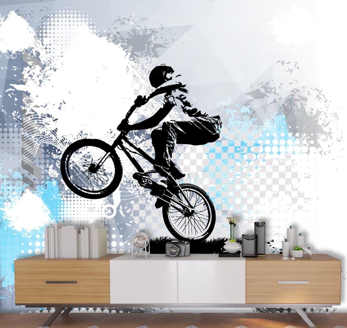 A person on a bicycle shown in a room
