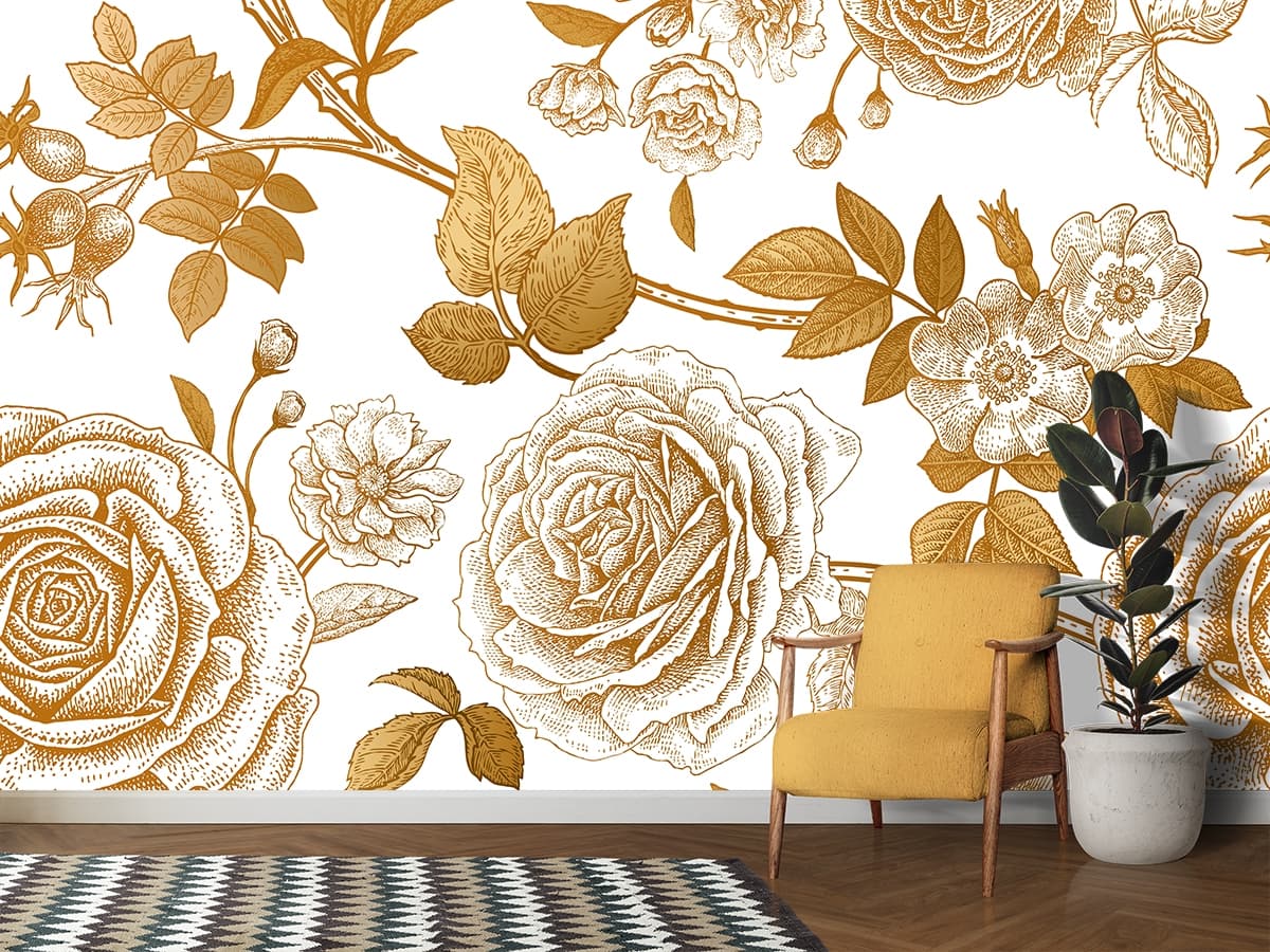 Floral Pattern with Flowers and Leaves Design wallpaper shown in a room