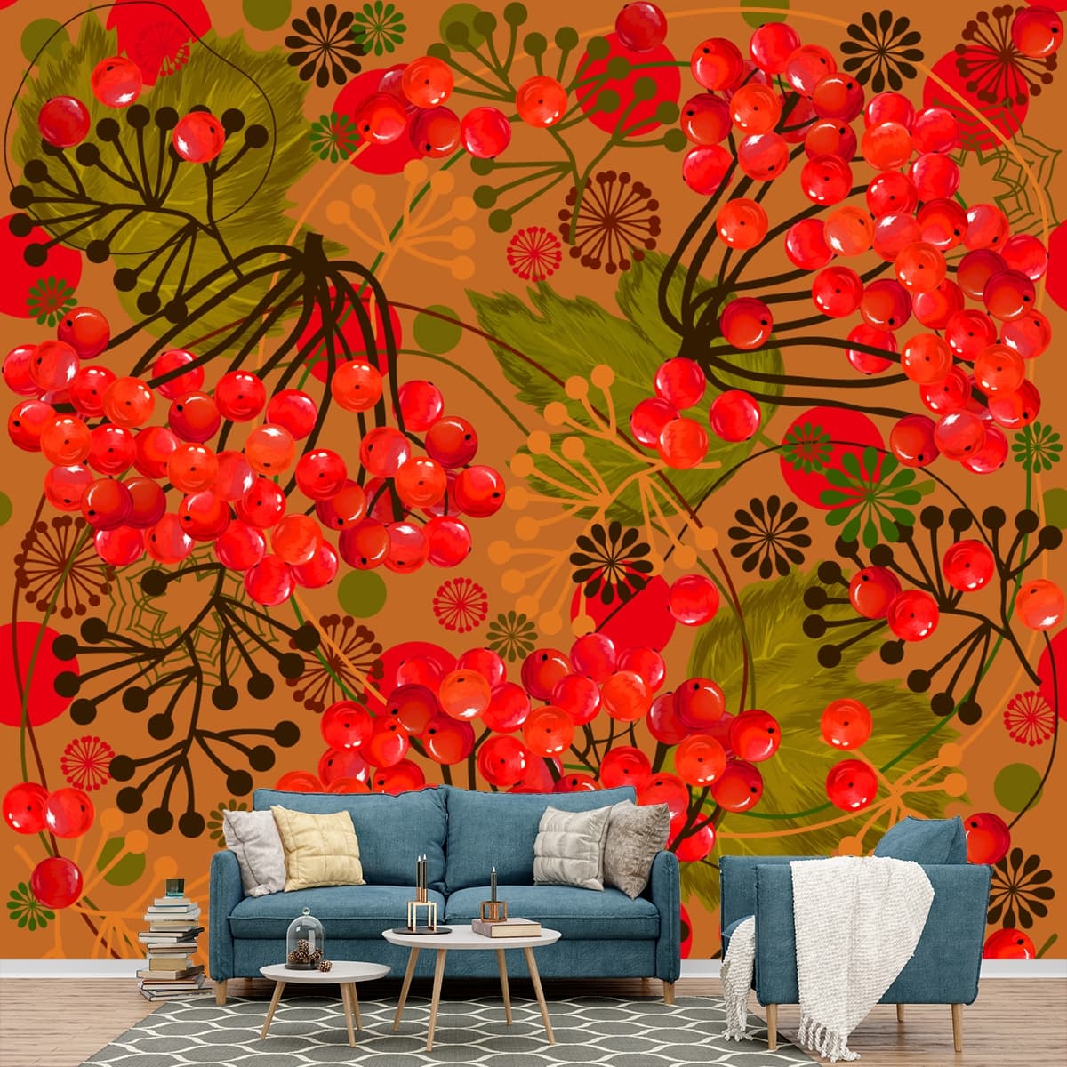 Autumn Red Berries Brown Texture Wallpaper shown in a room