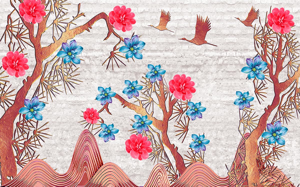 A wallpaper with birds flying over a tree and flowers pattern detail