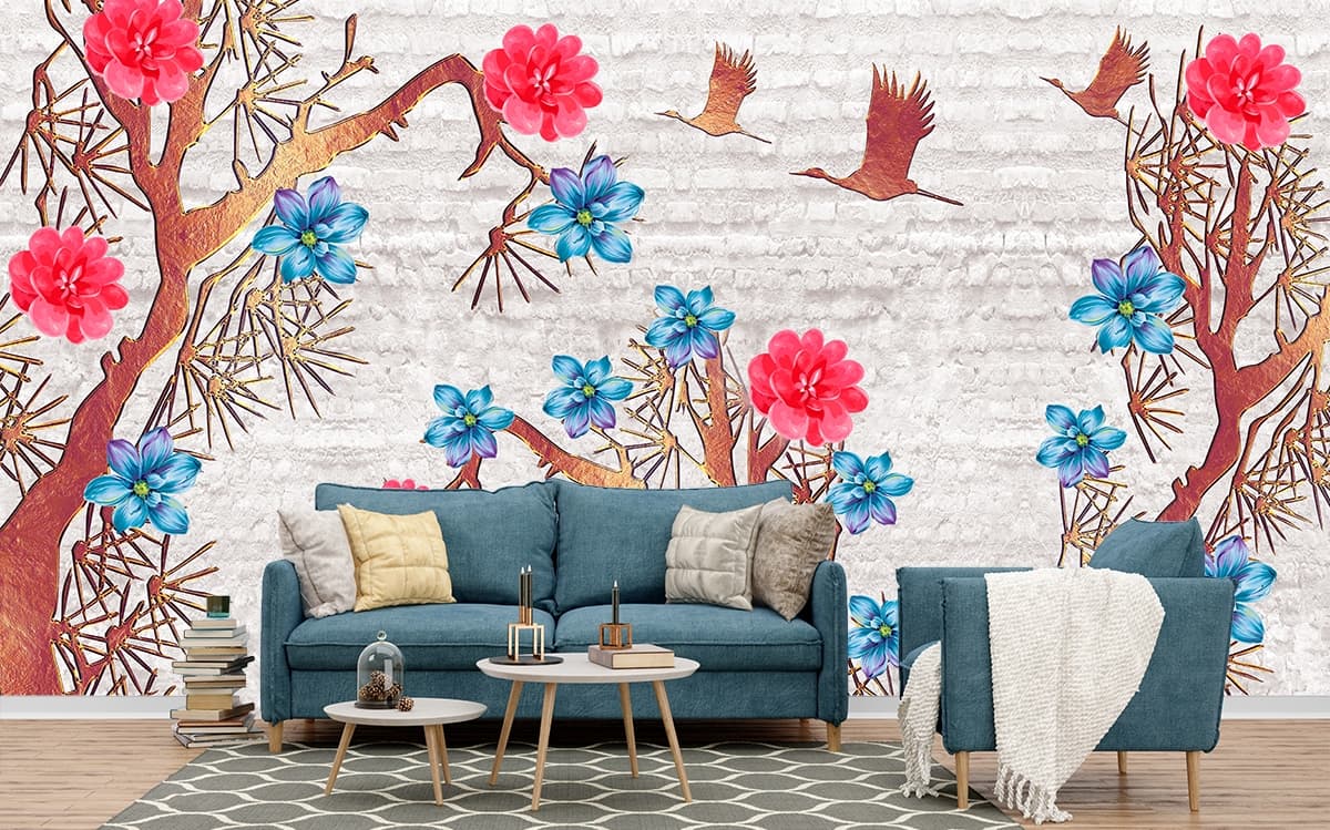 A wallpaper with birds flying over a tree and flowers shown in a room
