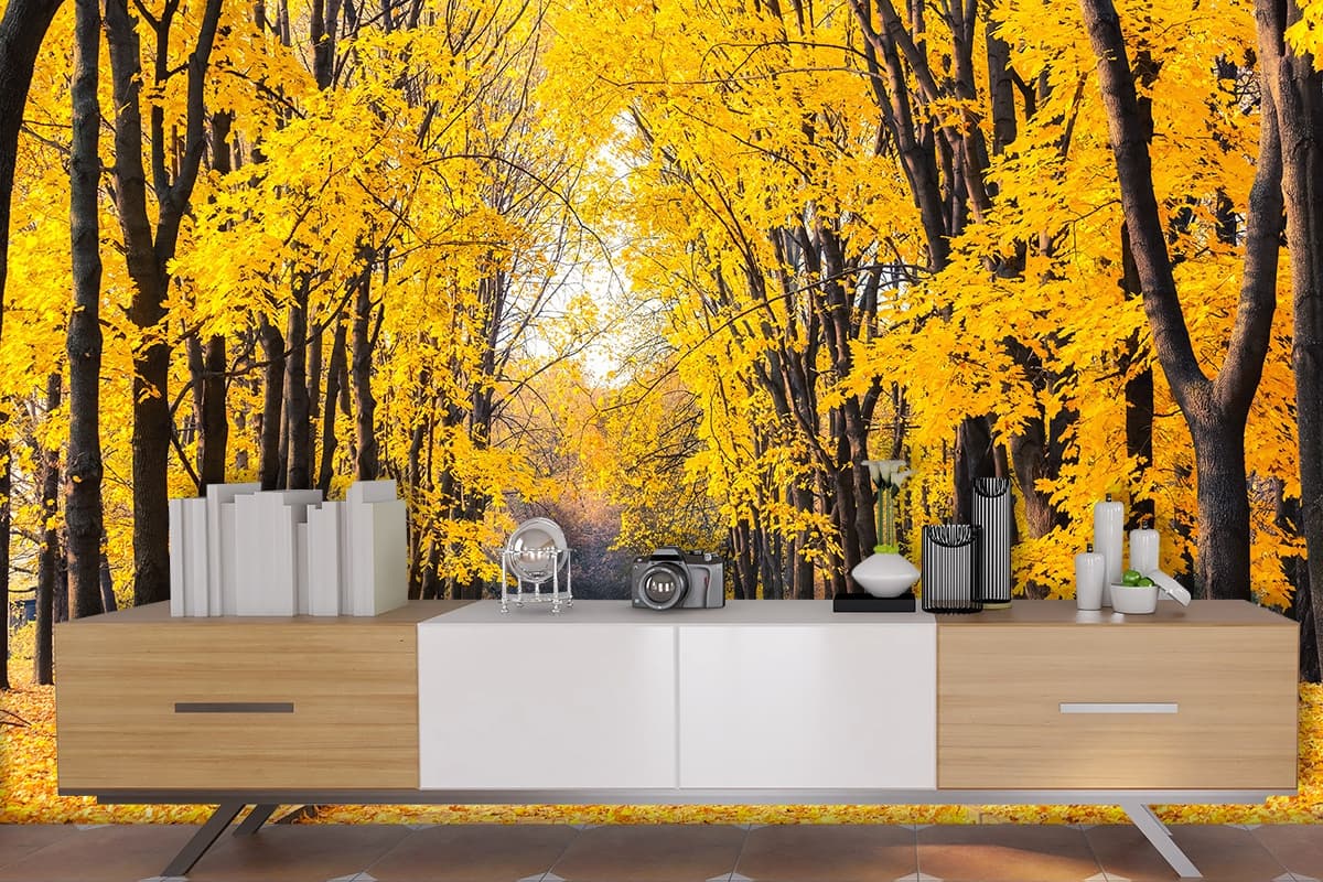 Elegant Yellow Leaf Path Nature Inspired Wallpaper shown in a room