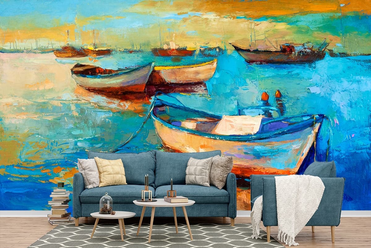 Harbour Haven Boat Painting Wallpaper shown in a room