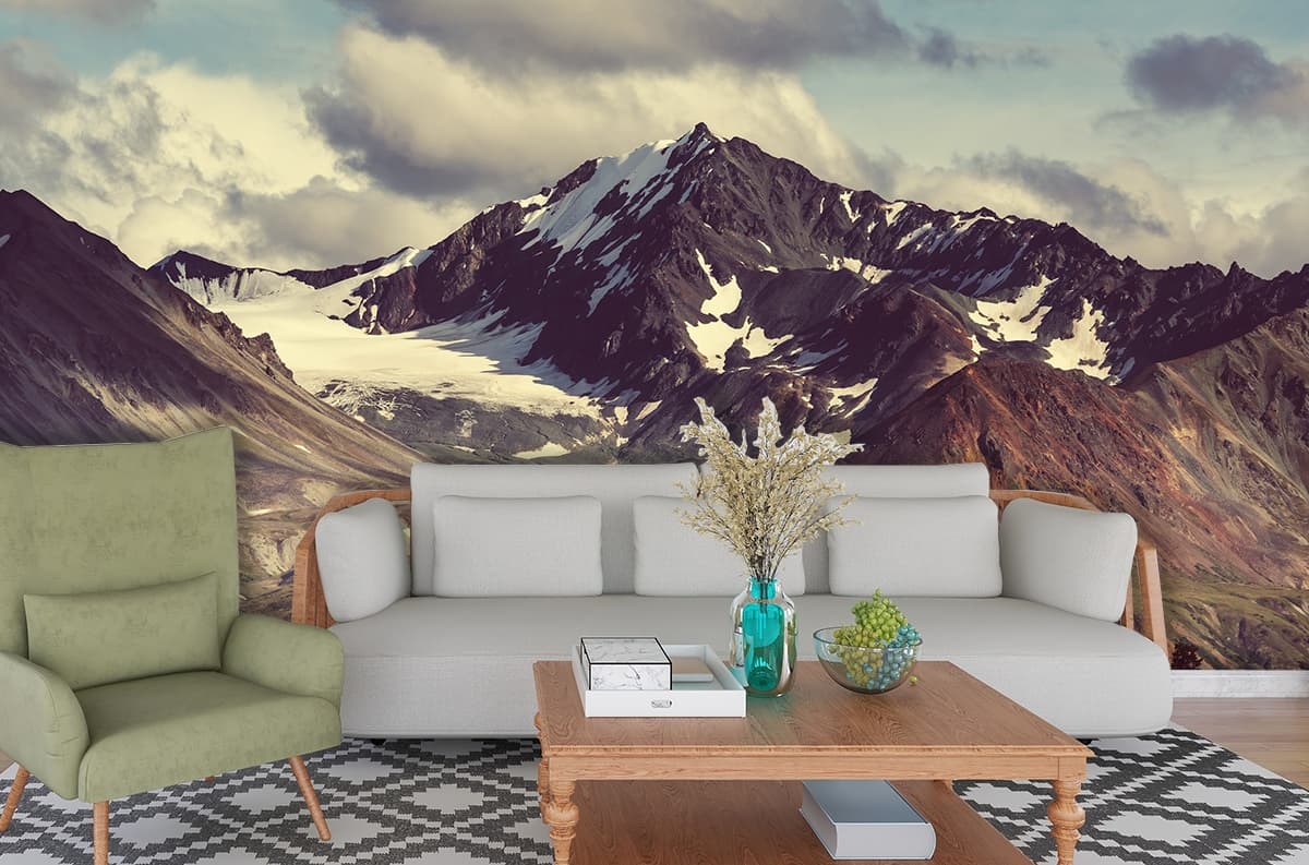Snowy Mountain Range with Trees Nature Wallpaper shown in a room