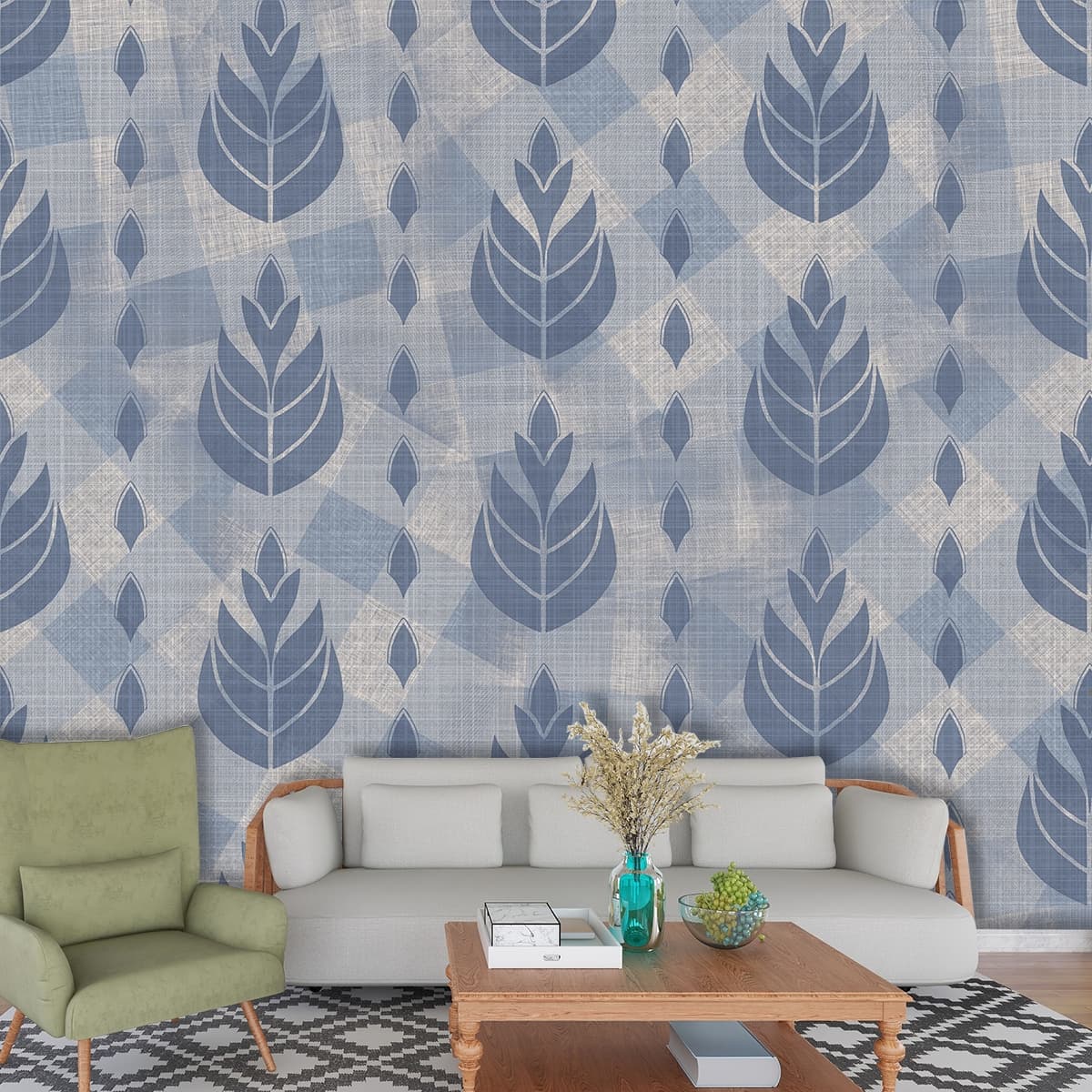 Blue Fabric With Leaves Pattern Wallpaper for Walls shown in a room