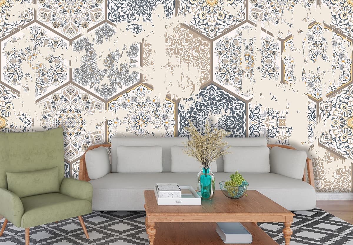 Vintage Hexagons Pattern Wallpaper Mural shown in a room