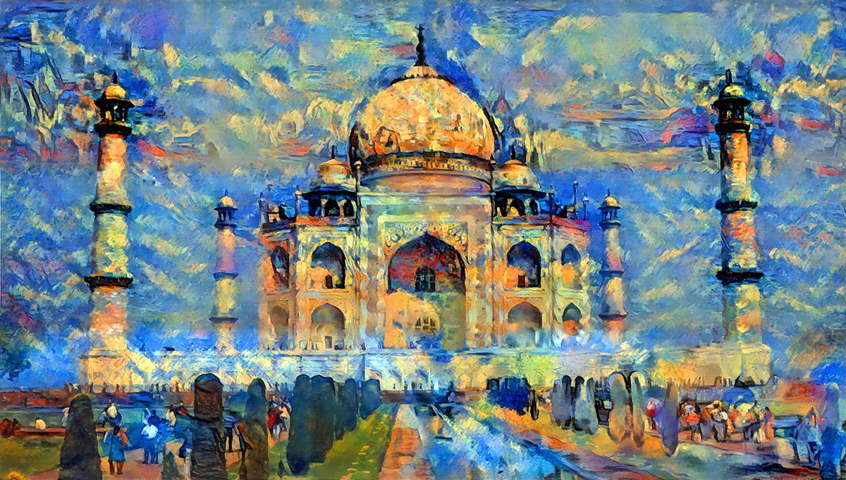 Vibrant Taj Mahal Painting Style Design Wallpaper pattern detail