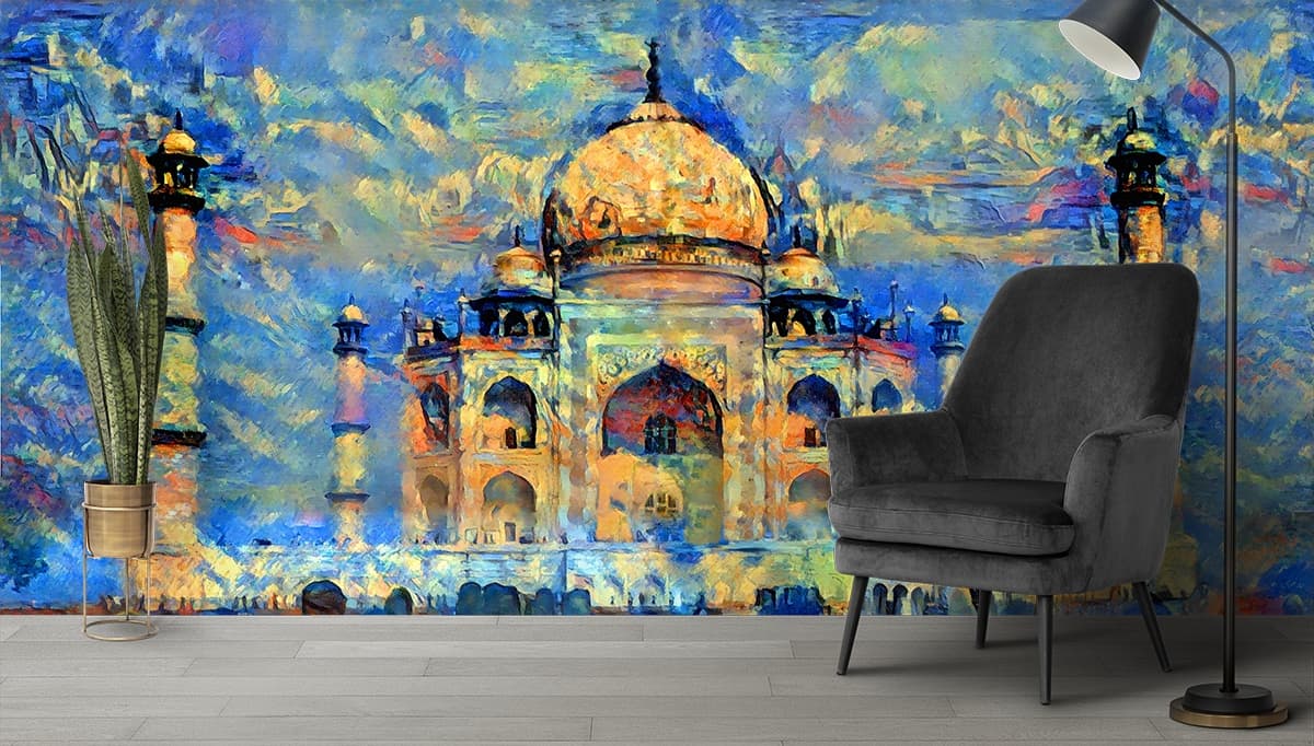 Vibrant Taj Mahal Painting Style Design Wallpaper shown in a room