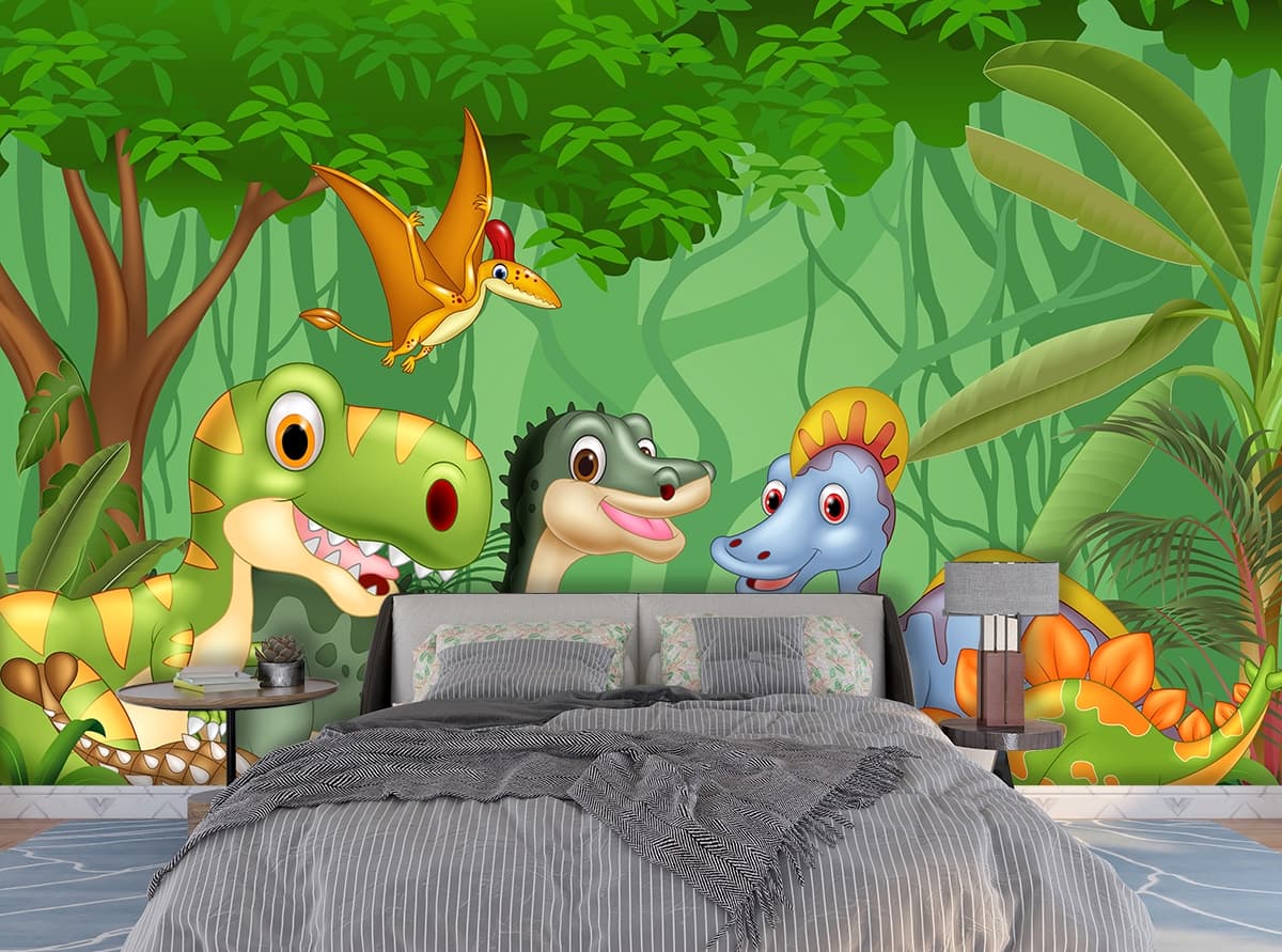 Fun Jungle Dinosaur Cartoon Kids Room Wallpaper shown in a room