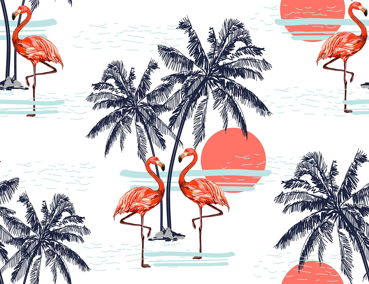Flamingos and Palm Trees Wall Mural Wallpaper pattern detail