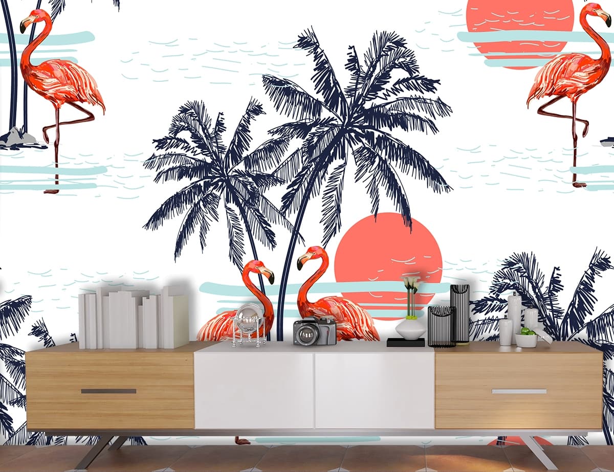 Flamingos and Palm Trees Wall Mural Wallpaper shown in a room