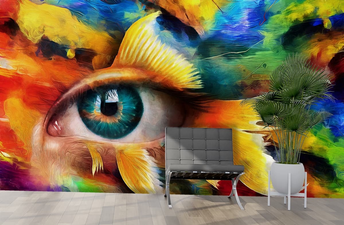Colorful Eye with Fish Tail Surreal Artistic Wallpaper shown in a room