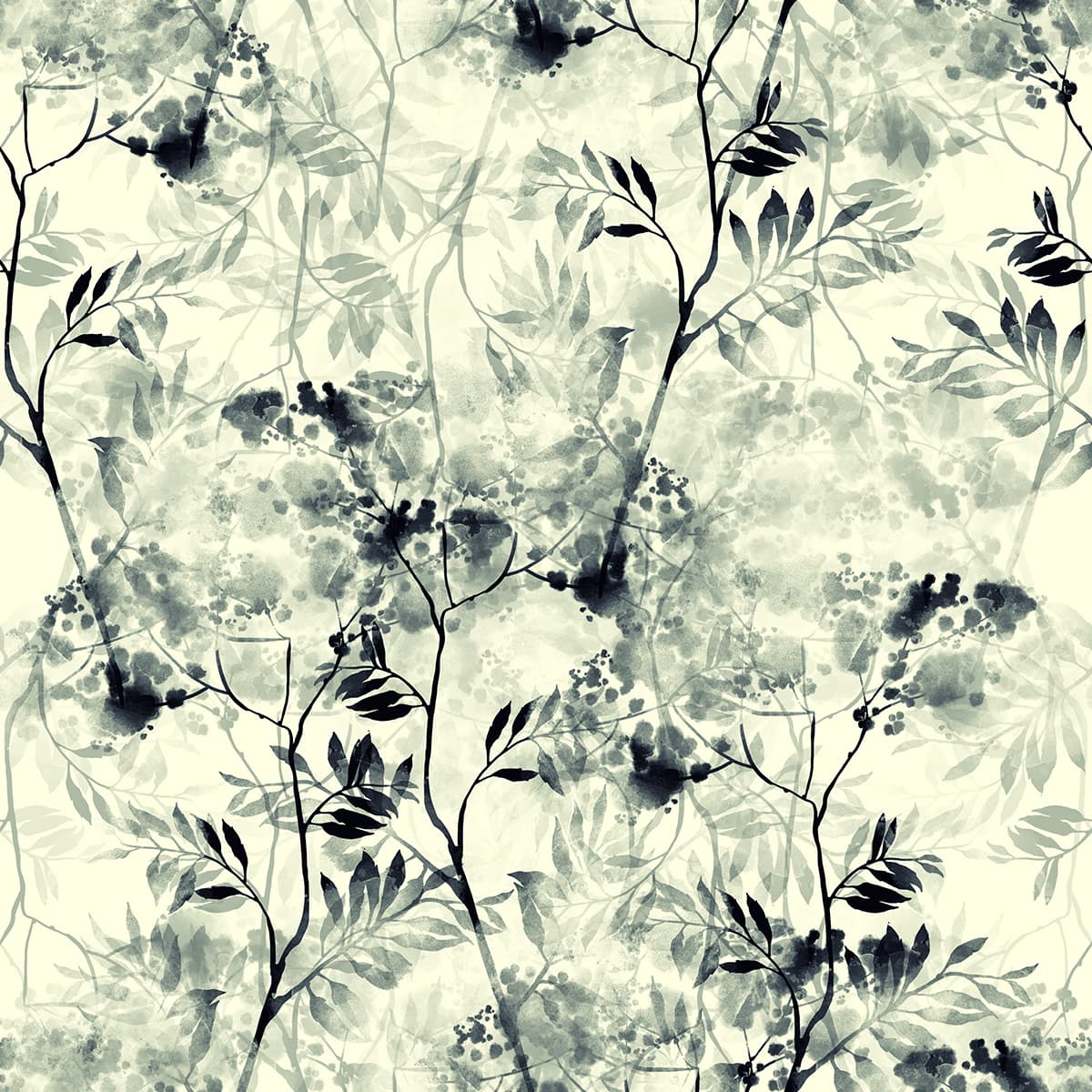 A Wallpaper in Shades of Green with Branches pattern detail