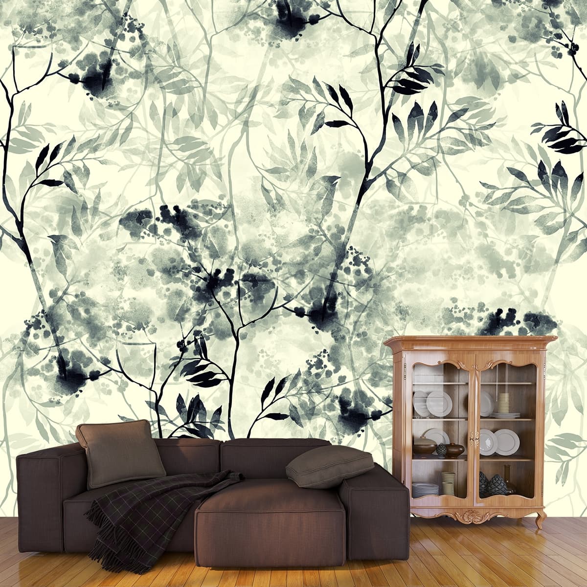 A Wallpaper in Shades of Green with Branches shown in a room