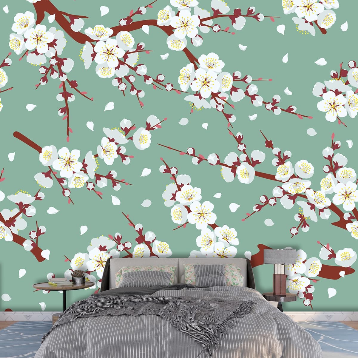 A pattern of white flowers on a tree branch shown in a room