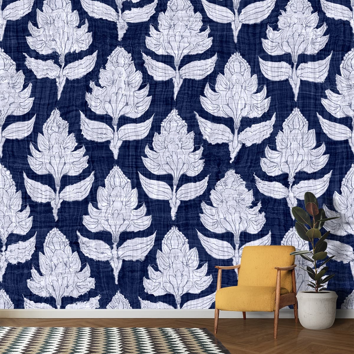 Blue and White Floral Pattern Wallpaper for Wall shown in a room