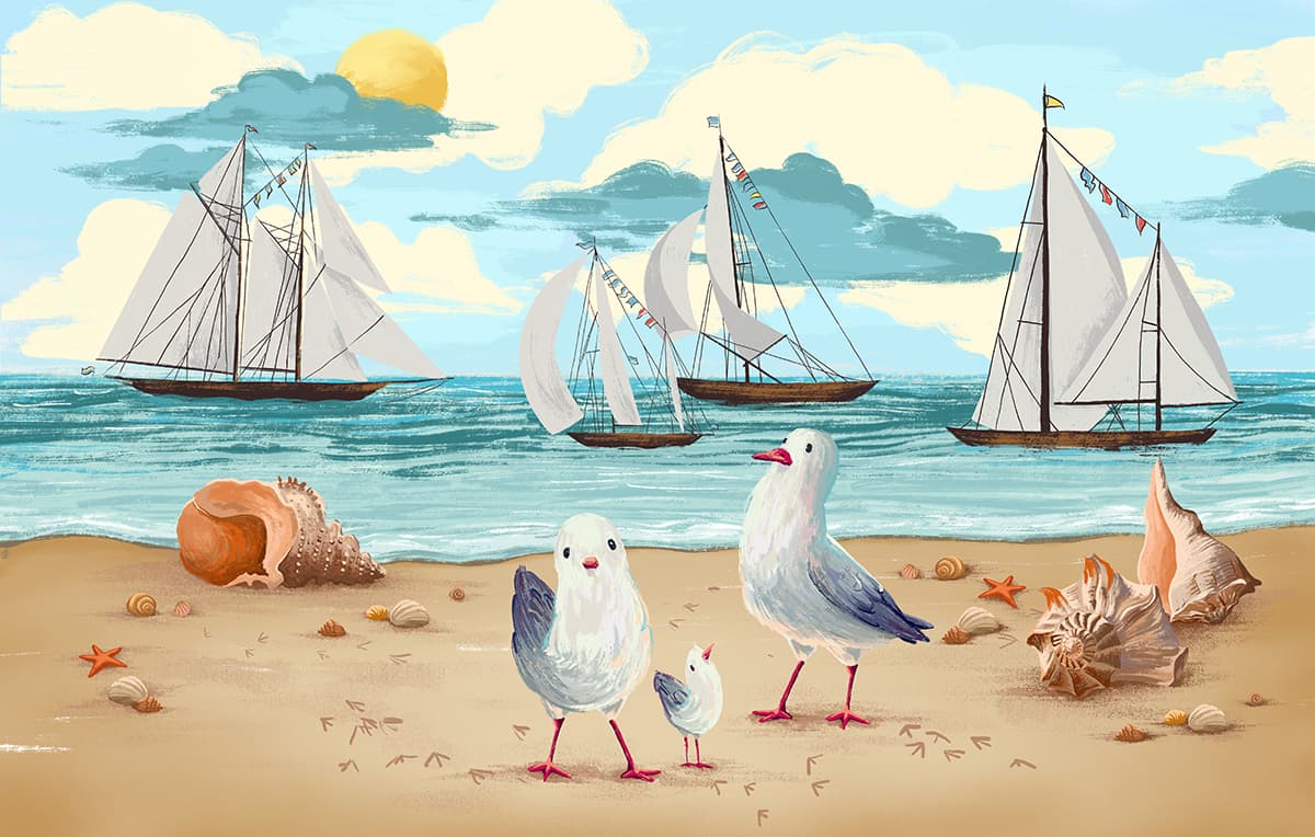 Cute Birds on a Beach with Boats Wallpaper pattern detail