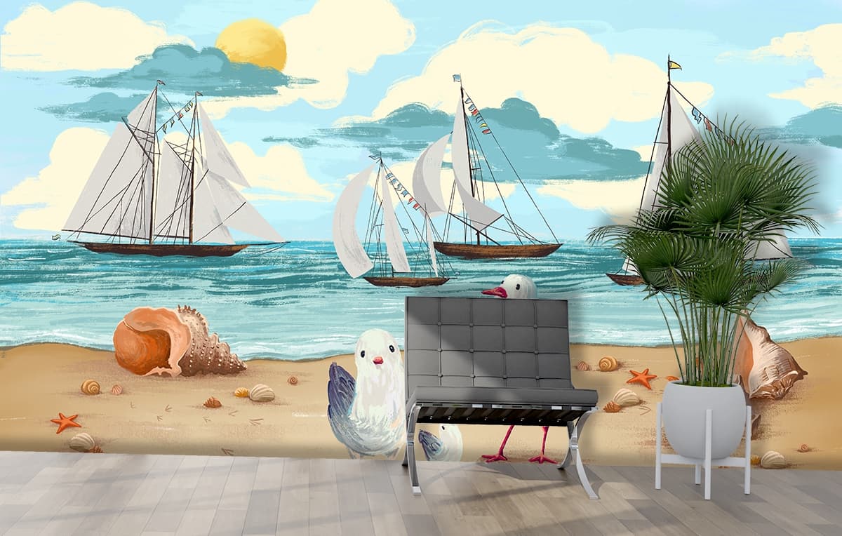 Cute Birds on a Beach with Boats Wallpaper shown in a room