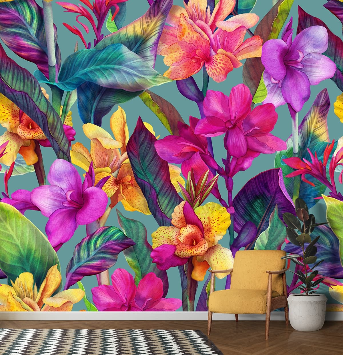 Guest Room Wallpaper, 3D Tropical Leaves and Flower shown in a room